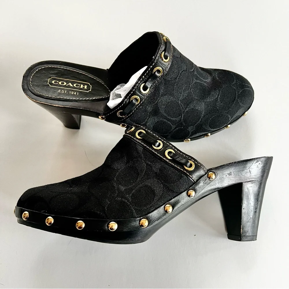 Coach Monogram C Black Heeled Mules with studded accents Size 10